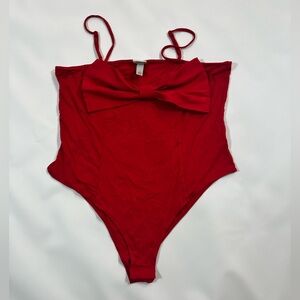 A New Day Red Bow Bodysuit Large | Flirty Feminine Going Out Statement Piece